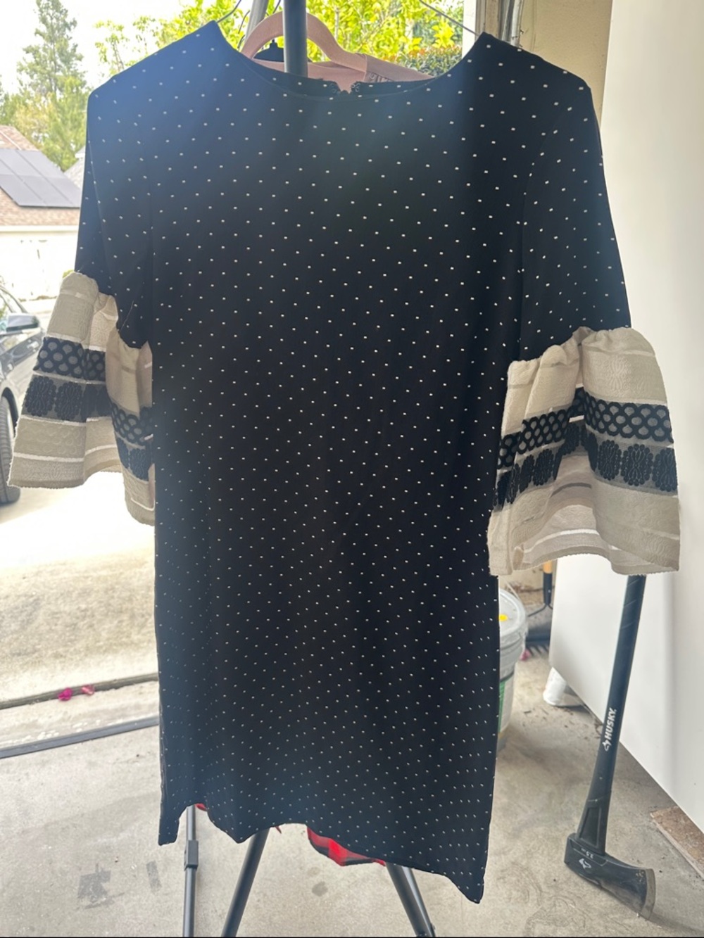 New York & Company Black Polka Dot Shift Dress with Ivory Lace Tiered Sleeves